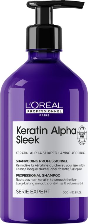 LOREAL לוריאל SERIE EXPERT | קרטין אלפא סליק Keratin Alpha Sleek שמפו מקצועי ללא סולפט להחלקה ושליטה בפריזיות | 500 מ”ל